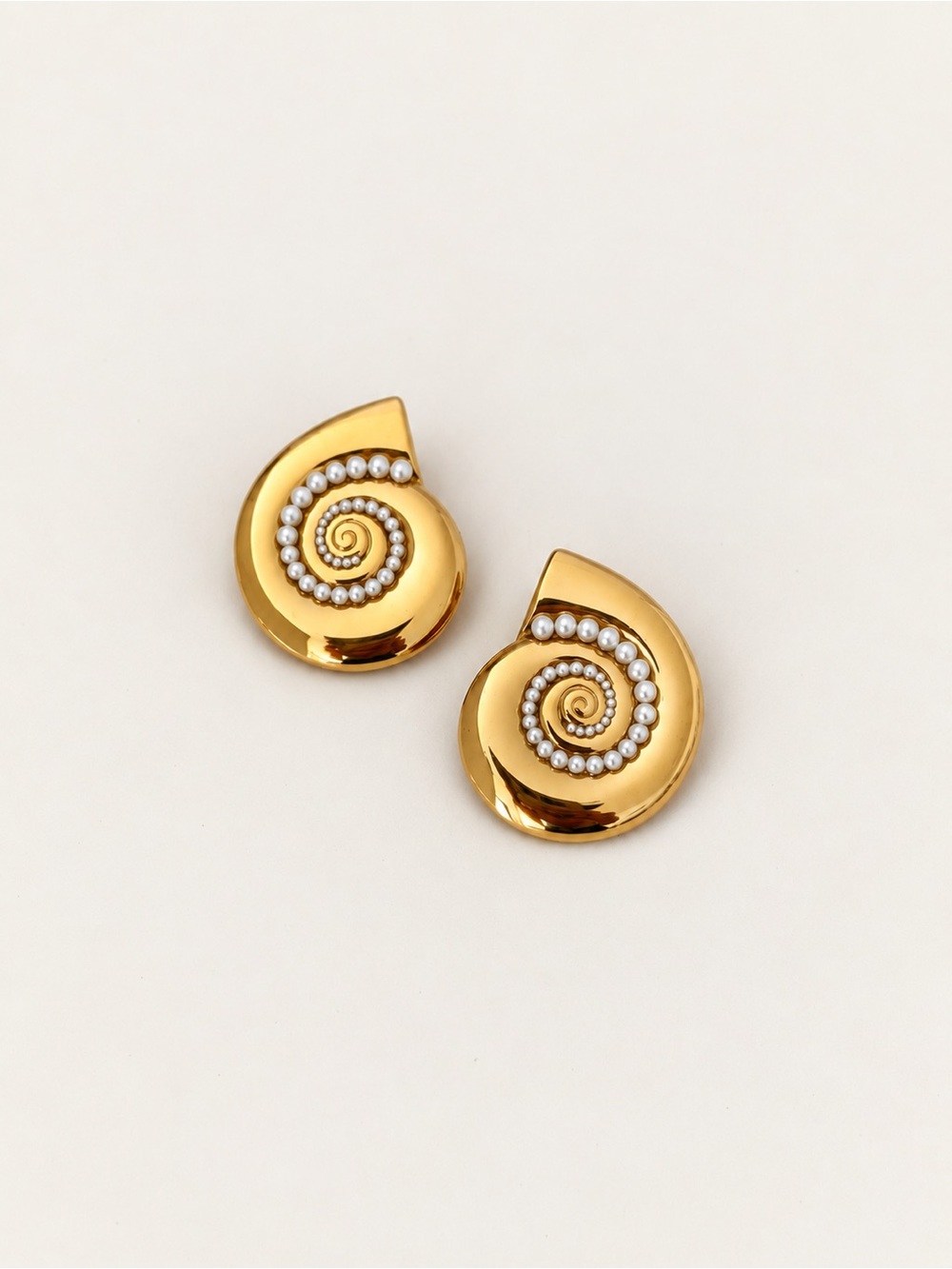 Anthropologie Style Gold Pearl Spiral Shell Earrings Stainless Steel Statement